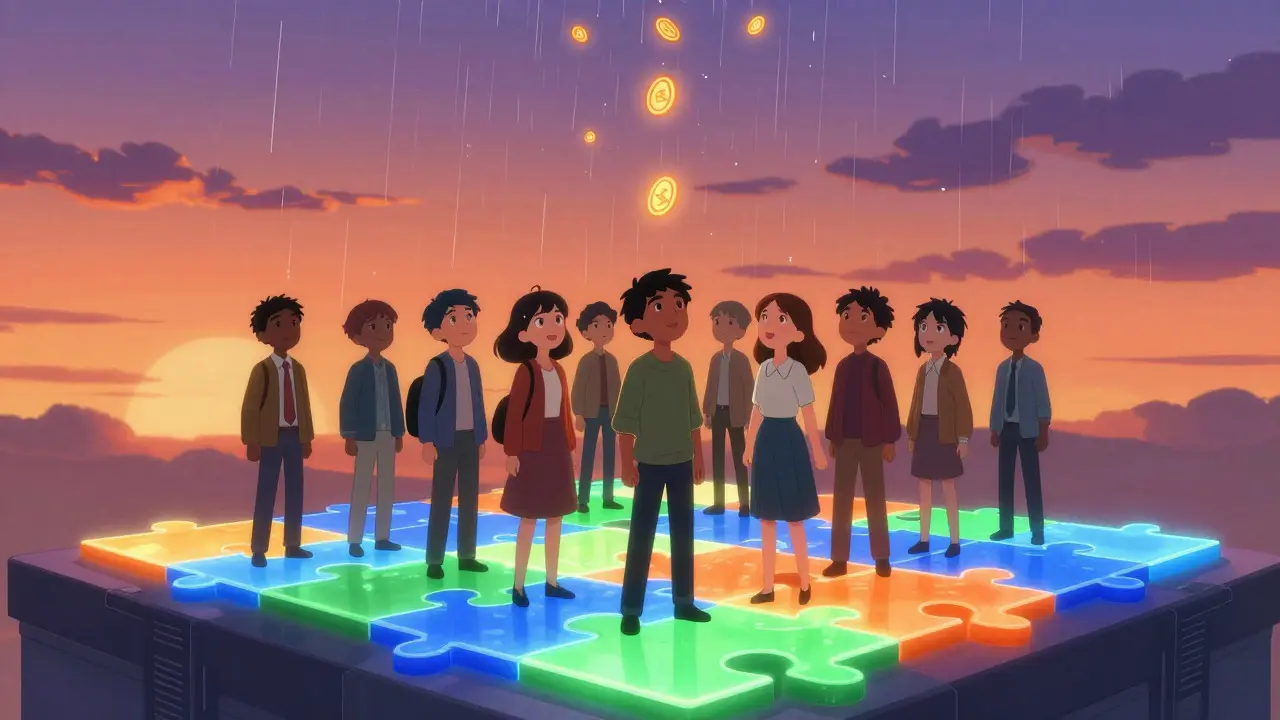 Grupo de personajes anime recibiendo recompensas simbólicas bajo un cielo al atardecer