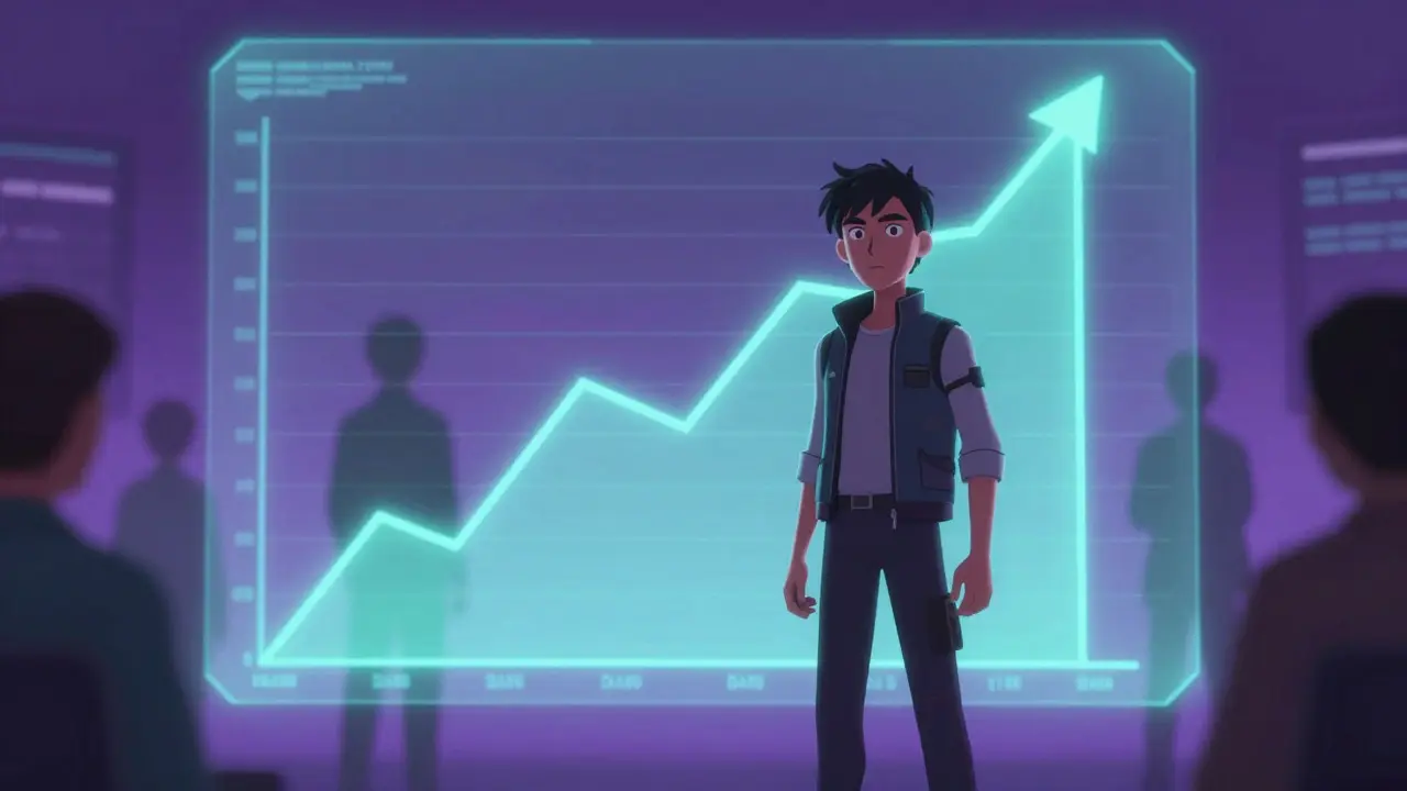 Inversor mirando un gráfico holográfico ascendente en un entorno futurista