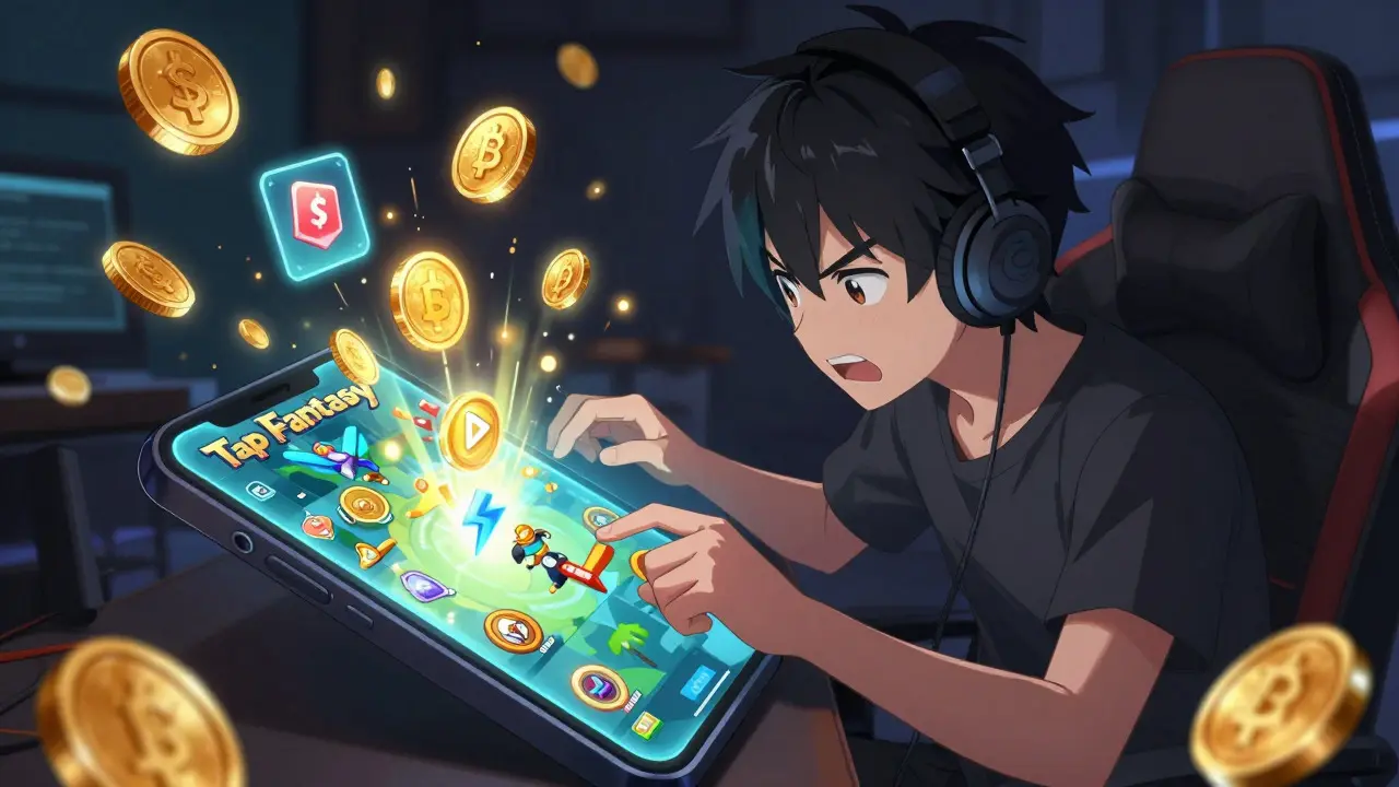 Jugador anime tocando el juego Tap Fantasy en su teléfono móvil