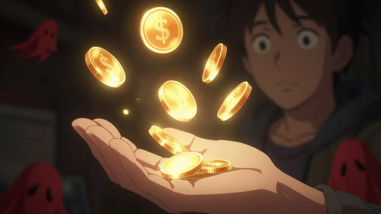 Mano alcanzando tokens brillantes con sombras de riesgo en fondo oscuro