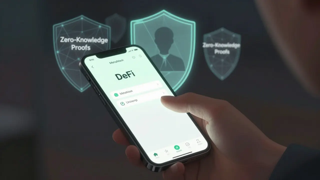 Mano sobre un móvil usando DeFi con escudos abstractos que simbolizan privacidad y pruebas de conocimiento cero