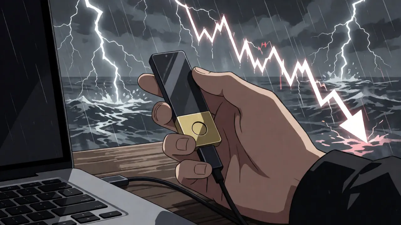 Mano sosteniendo una hardware wallet frente a un mar digital tormentoso que simboliza el riesgo.