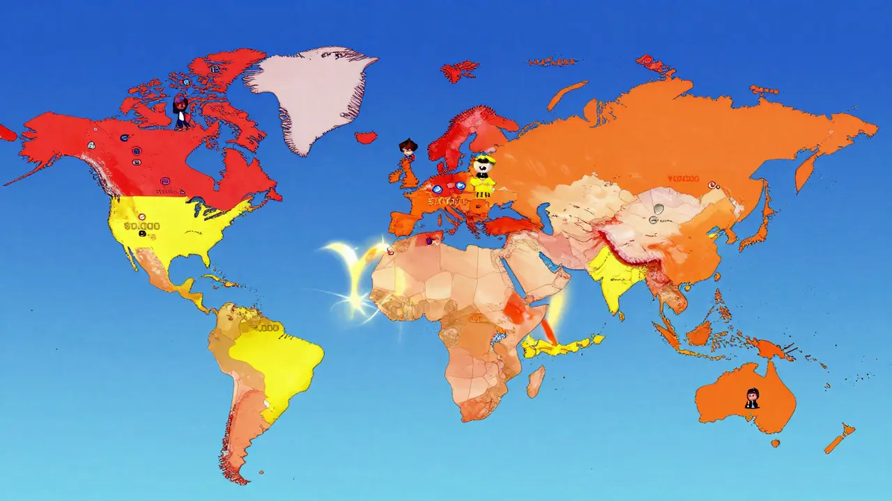 Mapa mundial futurista mostrando las diferentes regulaciones y umbrales de la Regla de Viaje por región