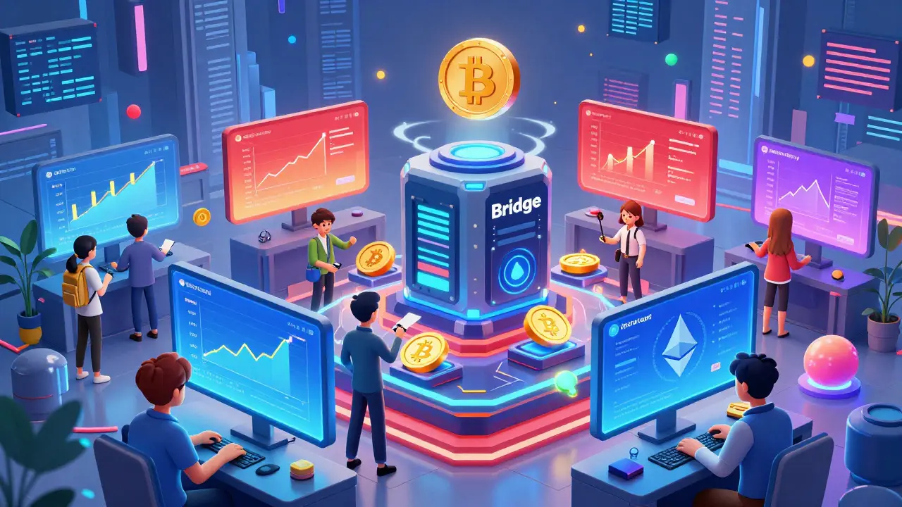 Mercado DeFi animé con puentes de bloques y personajes