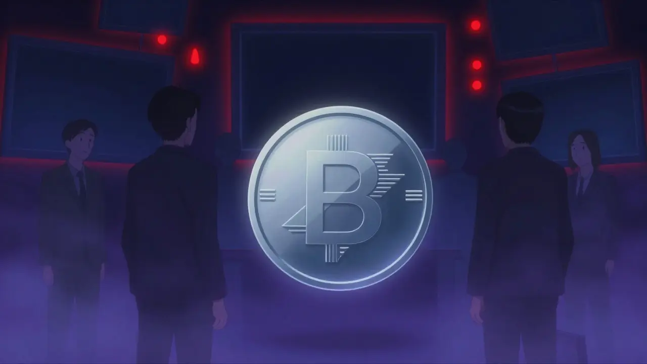 Moneda criptográfica flotando en la oscuridad con luces rojas de advertencia en el fondo.