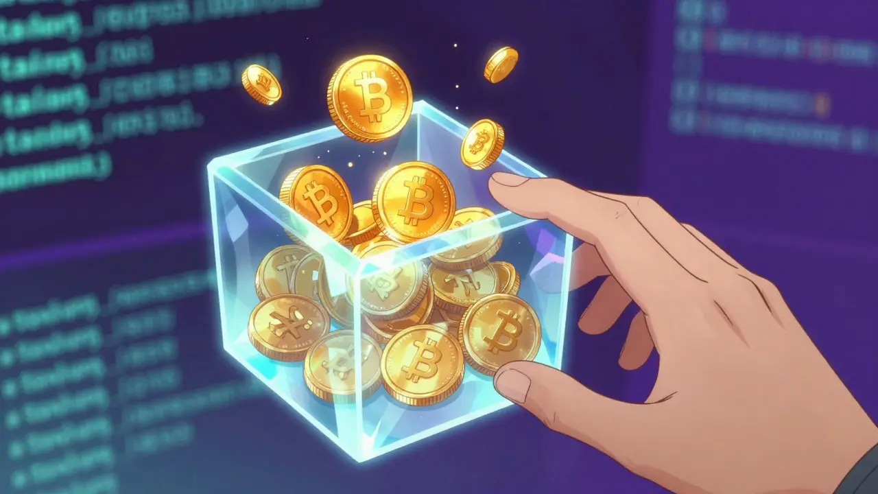 Monedas CANDY doradas flotando en una caja de cristal mágica