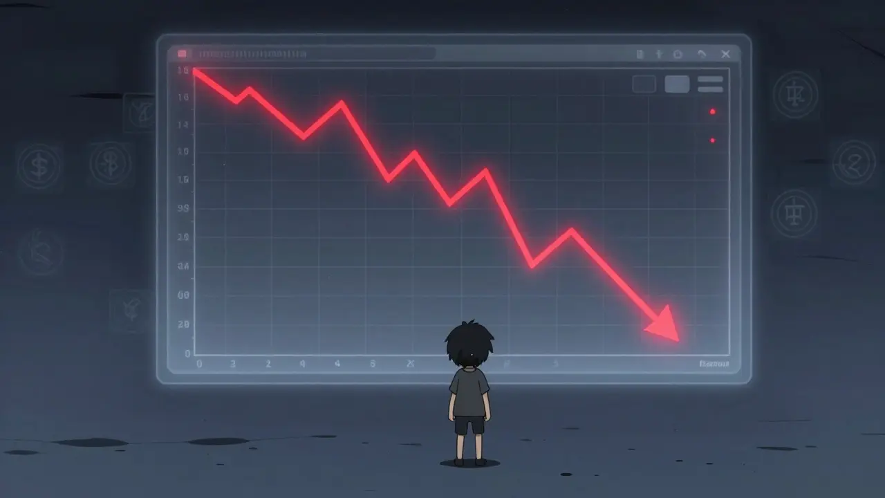 Personaje animé preocupado frente a una pantalla con gráfico de precios en caída libre