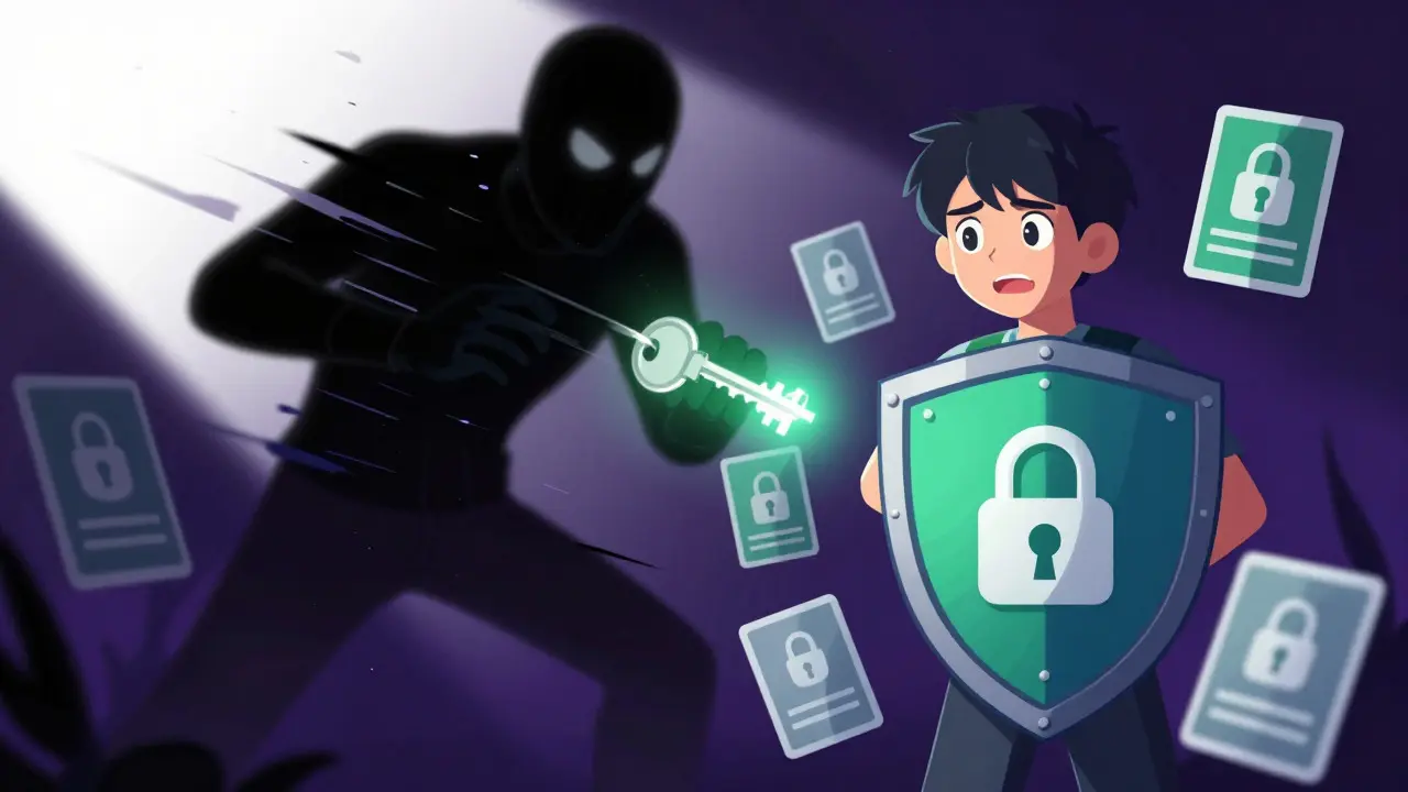 Personaje anime protegiendo su billetera de una sombra maliciosa