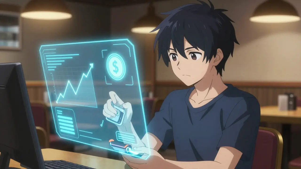 Personaje joven interactuando con interfaz holográfica y billetera física en oficina