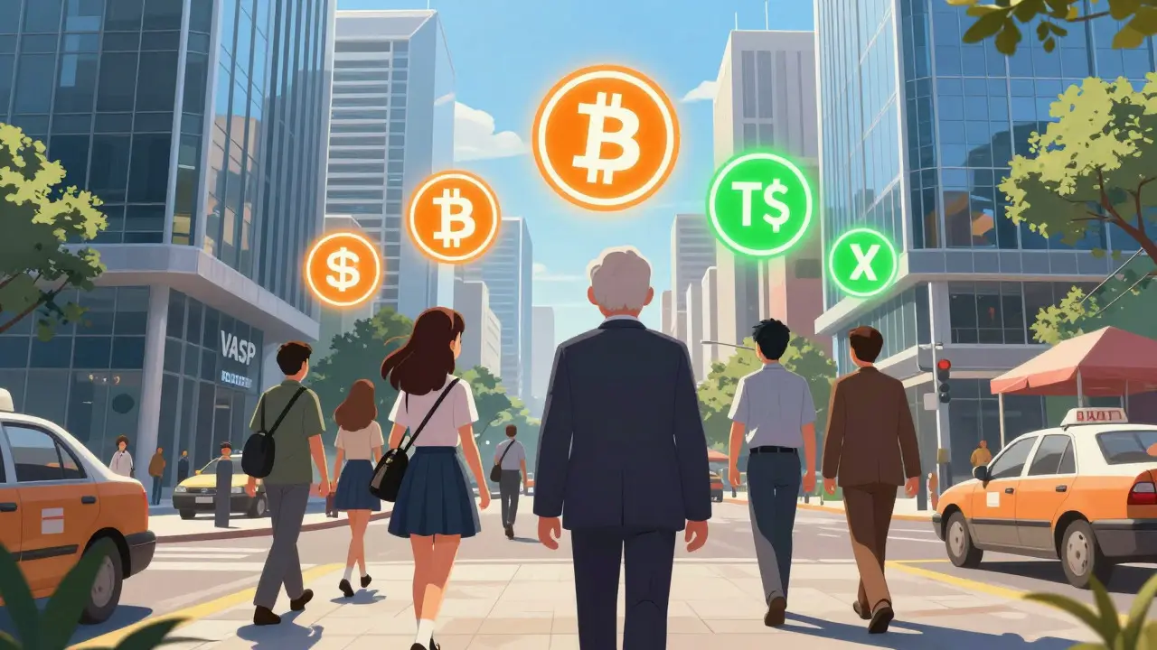 Personajes en la calle usando cripto a través de plataformas reguladas en estilo anime
