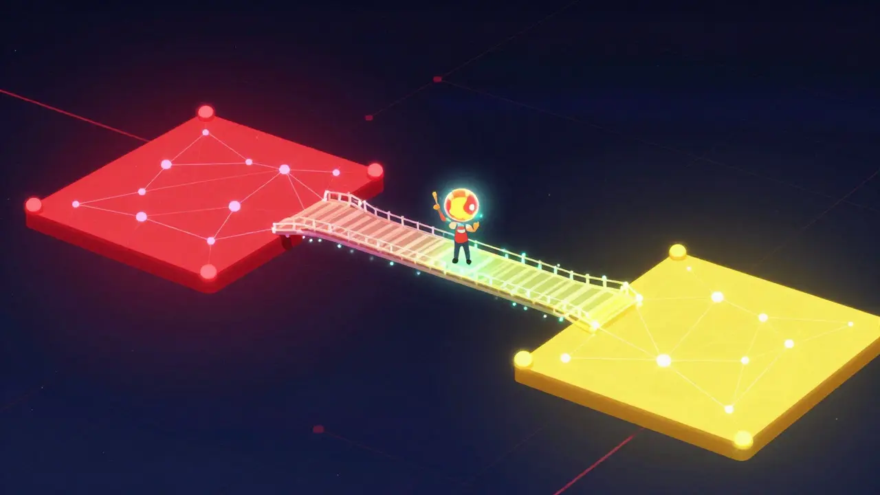 Puente de luz conectando dos plataformas blockchain con energía fluyendo