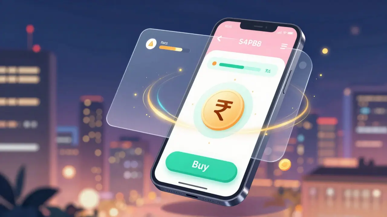 Teléfono móvil mostrando interfaz de compra de cripto con luz dorada