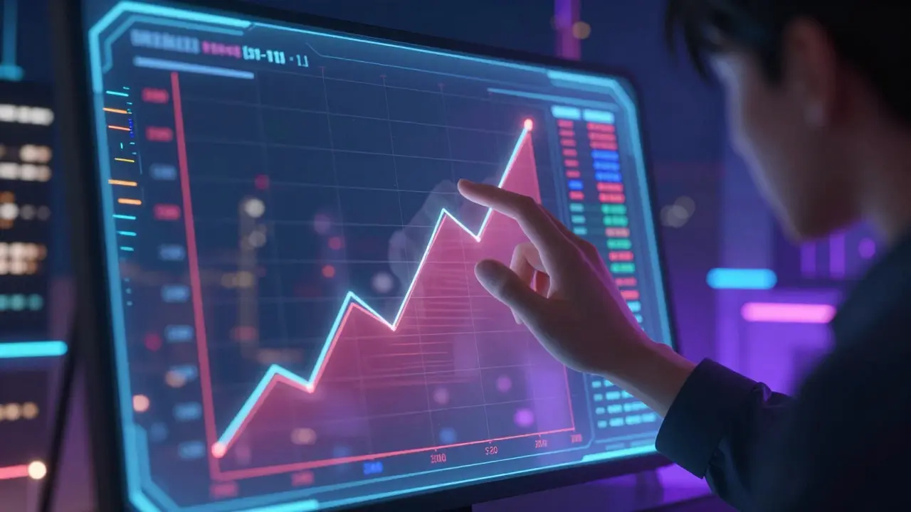 Trabajador en interfaz holográfica analizando gráficos de precios