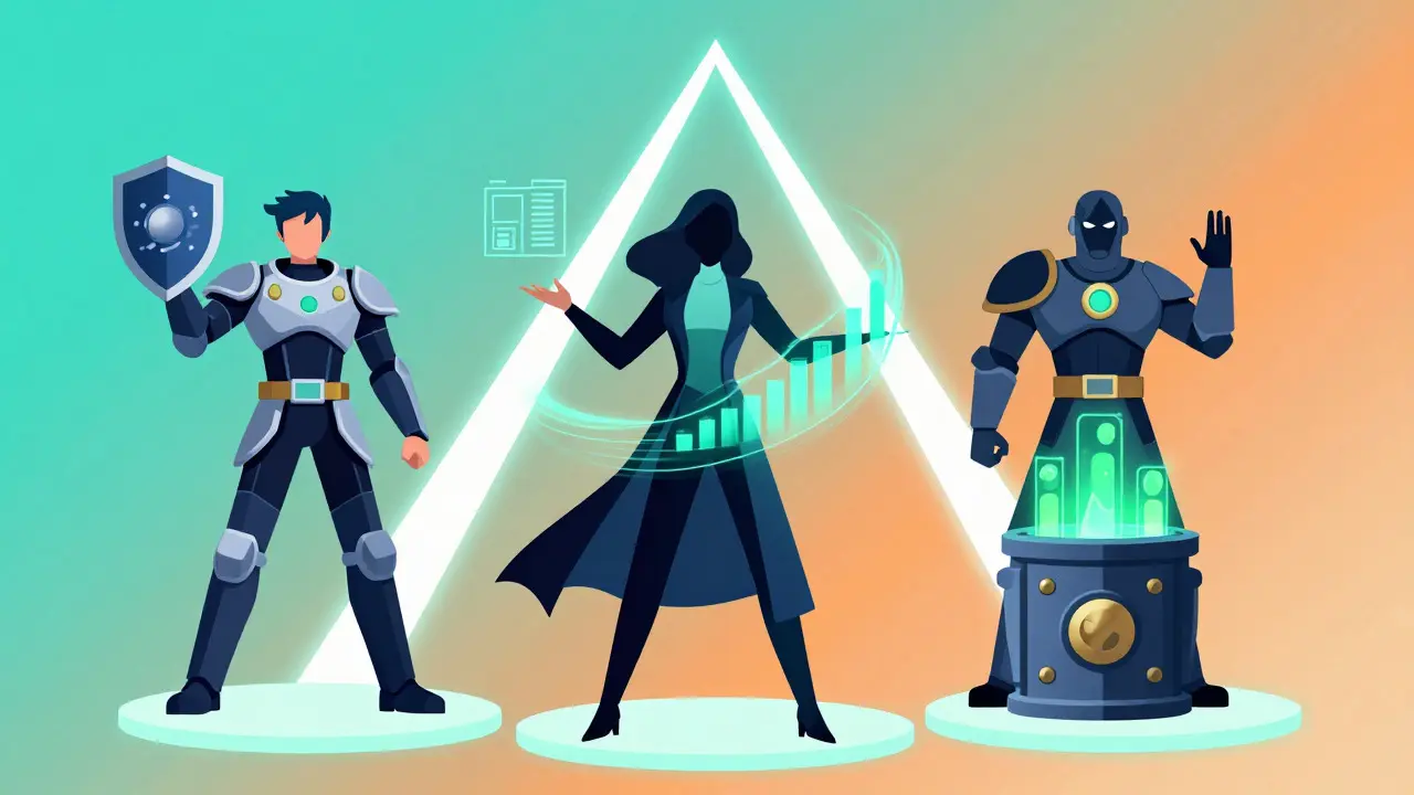 Tres personajes de anime conectados por luz simbolizando una alianza cripto