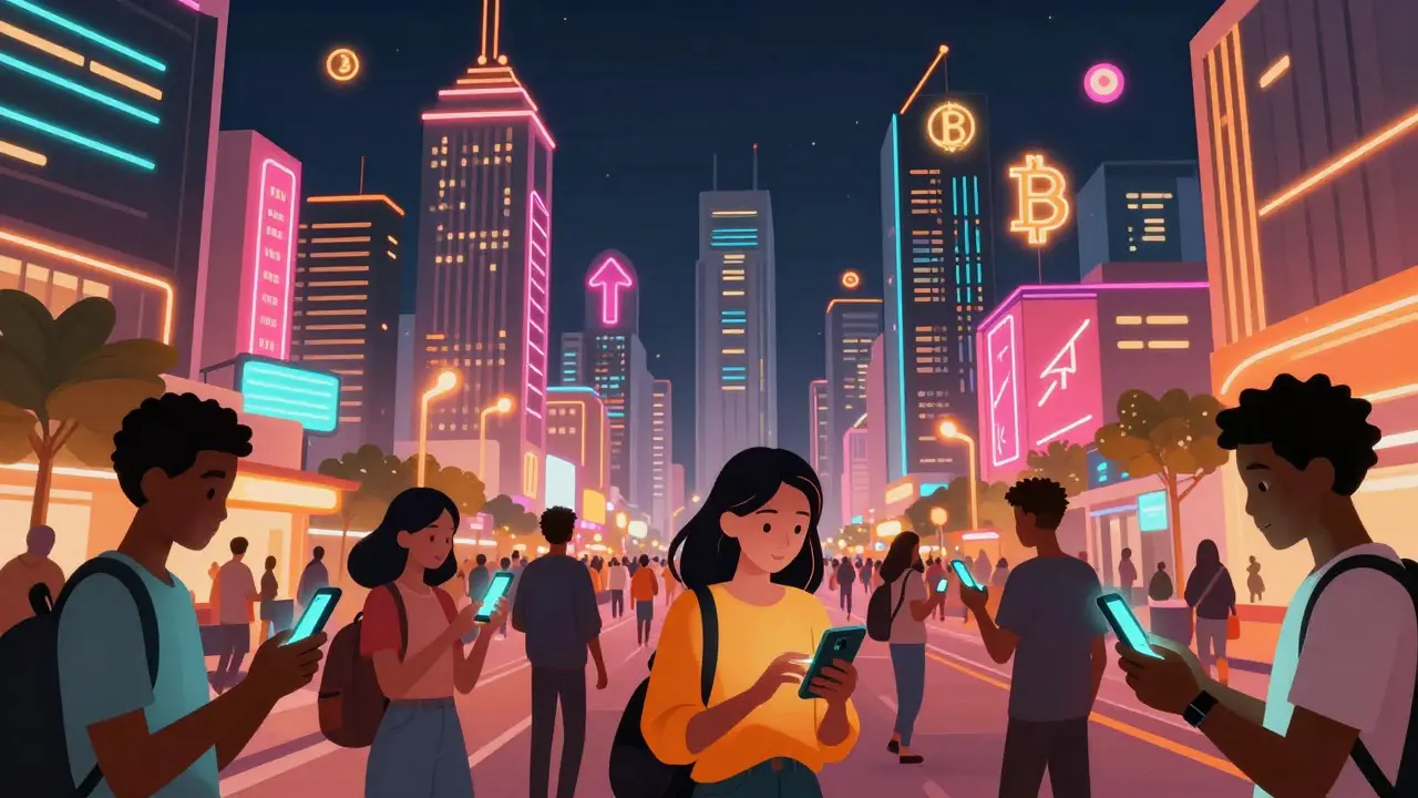 Vista nocturna de una ciudad nigeriana vibrante con luces neón de criptomonedas en estilo anime