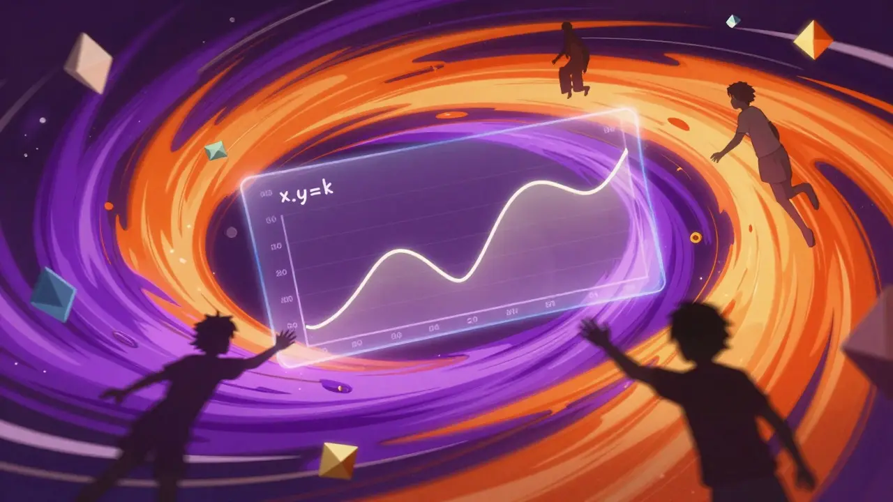 Vórtice de liquidez mostrando intercambio de tokens y curva