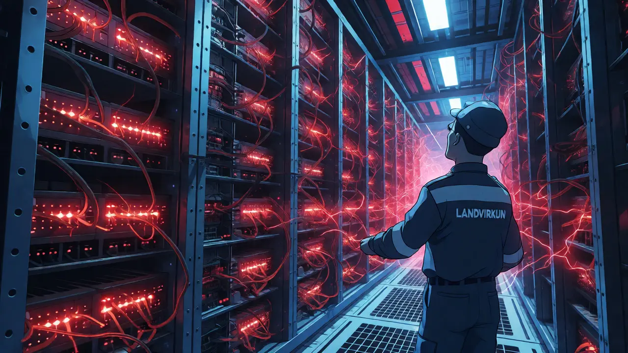 Centro de datos abarrotado de mineros con luces rojas indicando sobrecarga eléctrica.