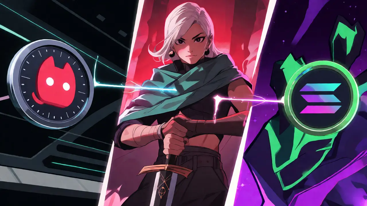 Comparación visual de tres versiones del token Mittens en diferentes blockchains estilo anime