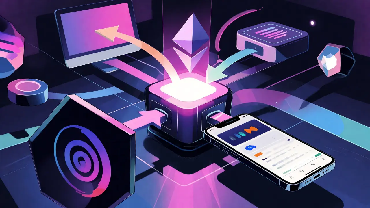 Conexión visual entre wallets y cadenas blockchain en ilustración anime