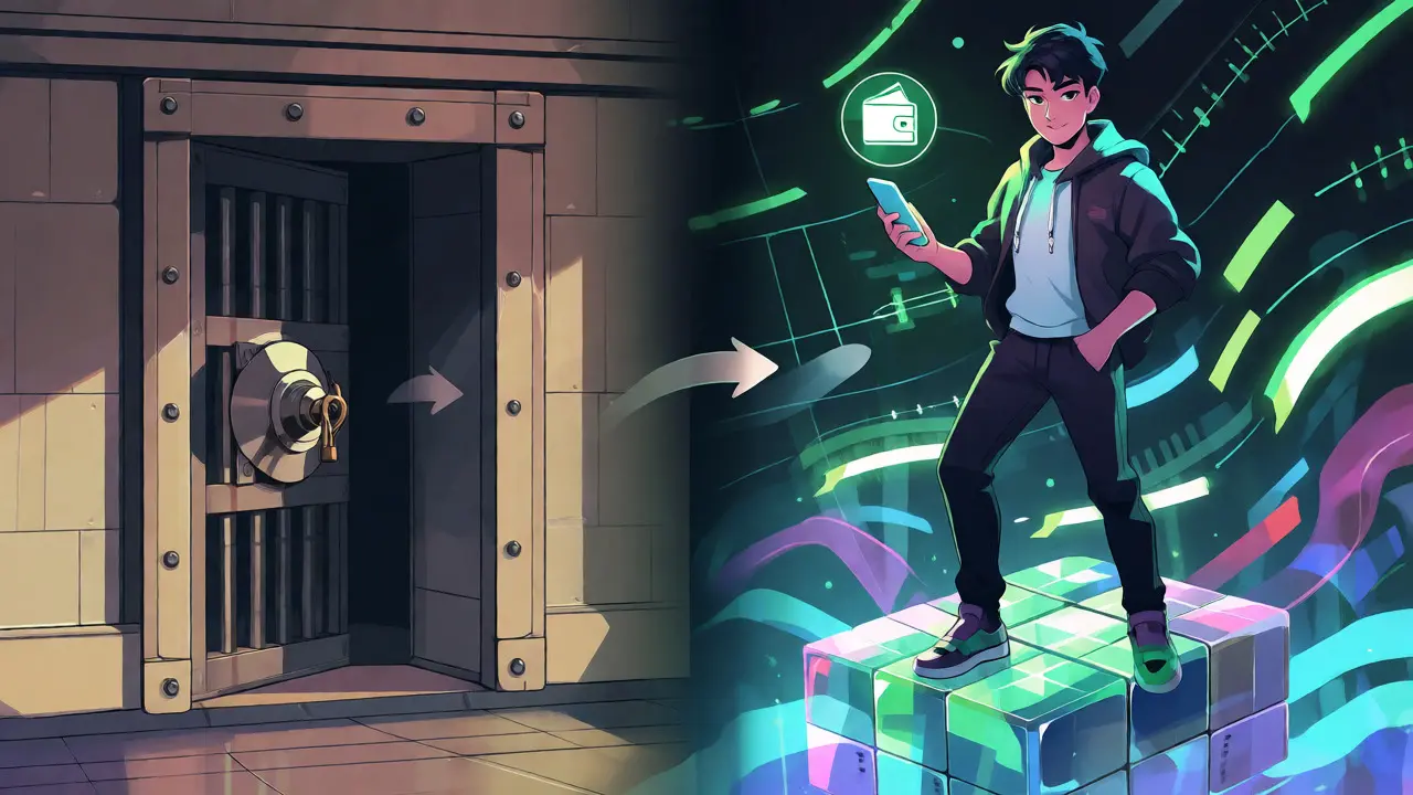 Contraste entre custodia tradicional y auto-custodia DeFi en ilustración anime