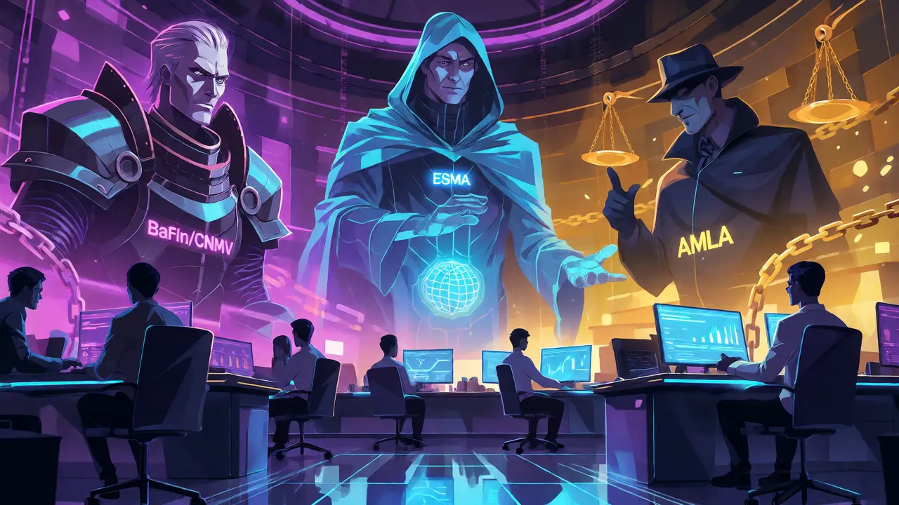 Equipo analizando supervisión regulatoria con figuras simbólicas de ANC y ESMA