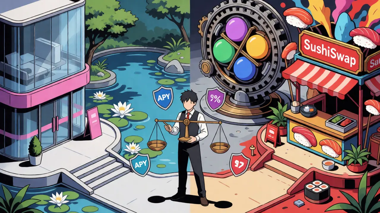 Escena anime comparando plataformas DeFi como Uniswap y Curve mediante zonas visuales distintas y un estratega central.