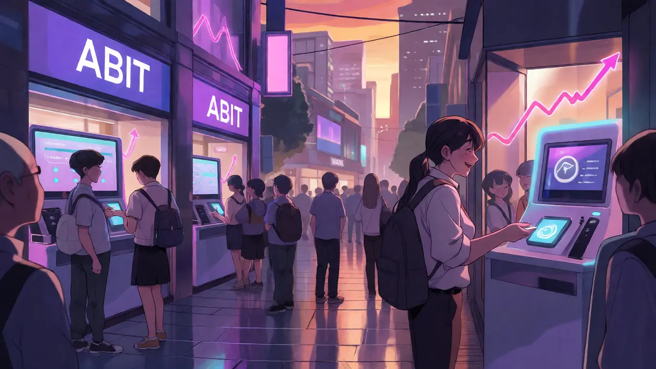 Escena urbana de anime con múltiples personas usando kioscos de criptomonedas al atardecer.