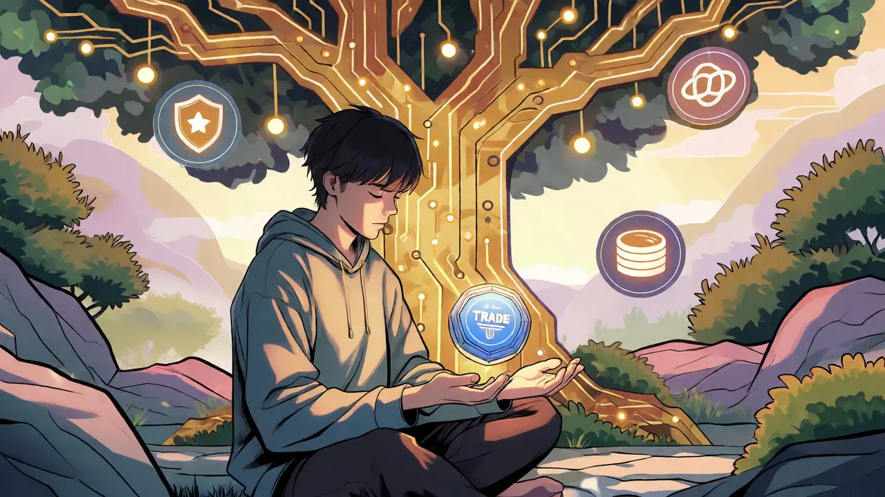Estrategia de tokens TRADE representada como un jardín zen digital estilo anime.