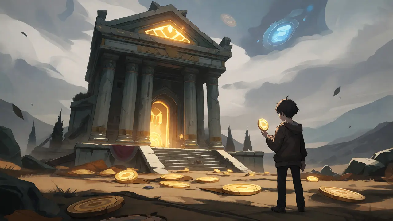 Figura solitaria observa ruinas de un templo y tokens opacos bajo un cielo gris, simbolizando el declive del proyecto.