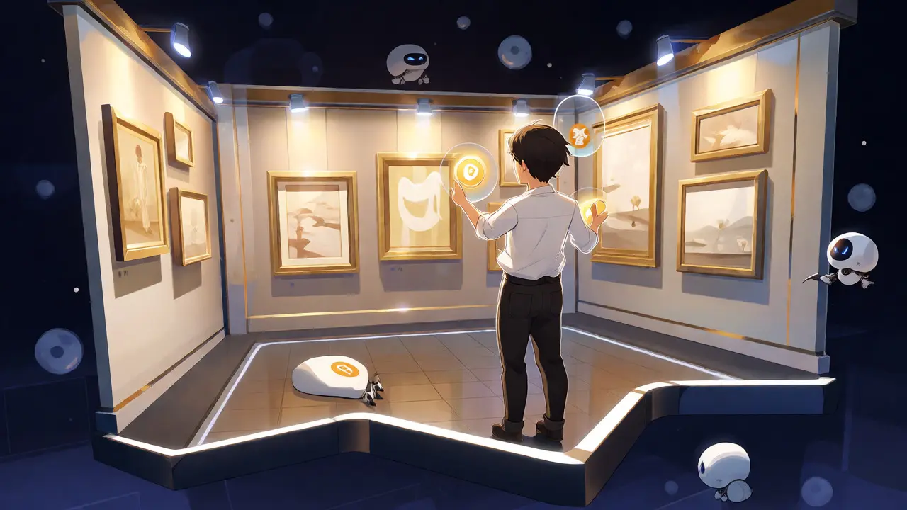 Galería virtual de arte NFT estilo anime con artistas y tokens flotantes