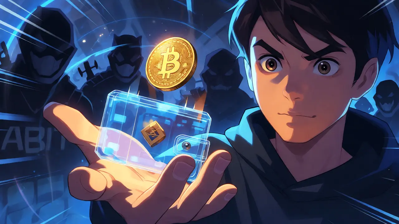 Ilustración de anime mostrando la transferencia segura de Bitcoin a una billetera personal.