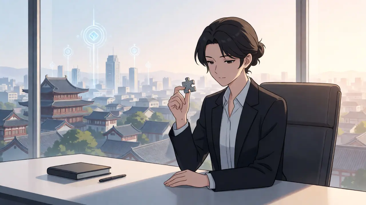 Inversor de anime analizando complejidades técnicas en una oficina futurista tranquila.