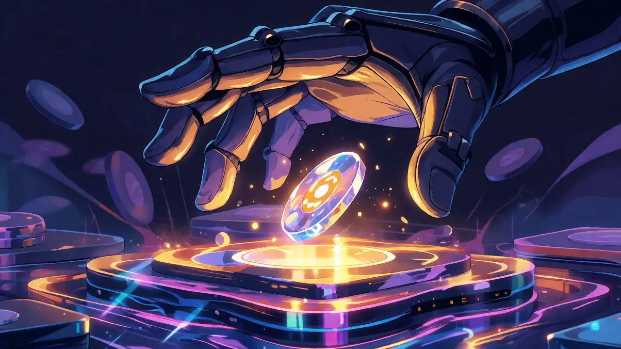 Mano acorazada tomando un token de liquidez sobre fondo cibernético