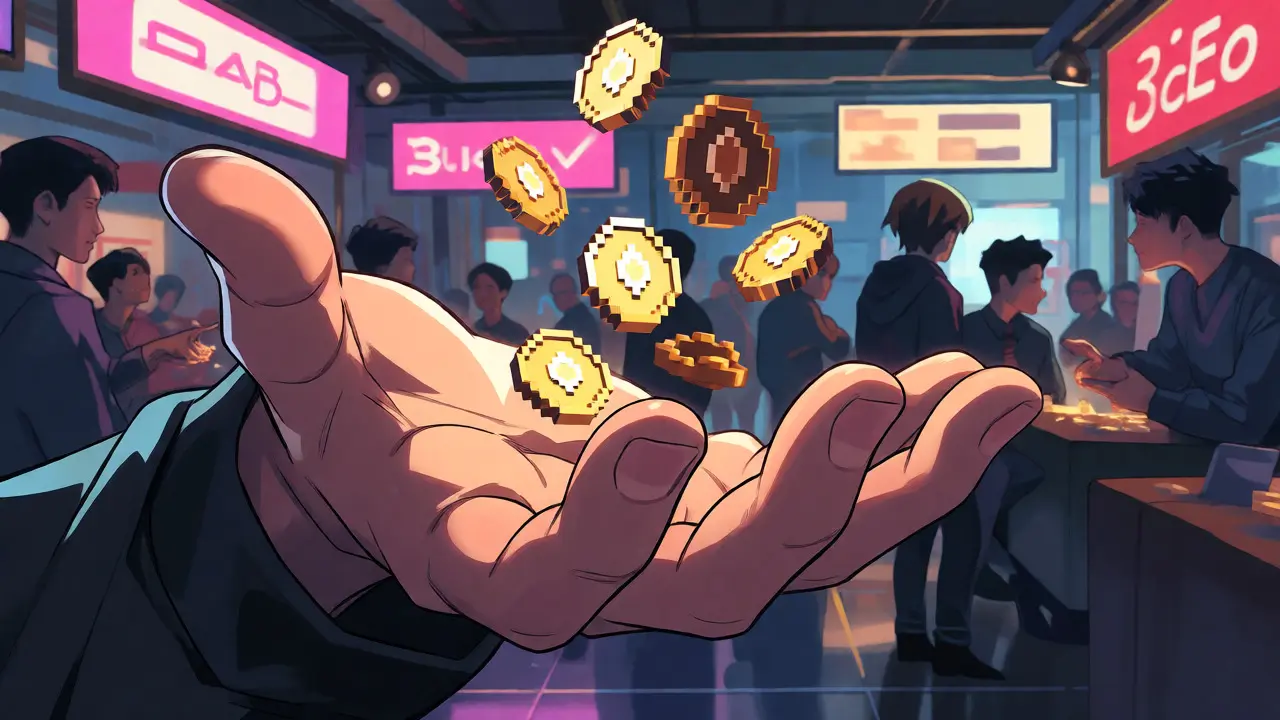 Mano atrapando monedas digitales en un mercado virtual estilo anime