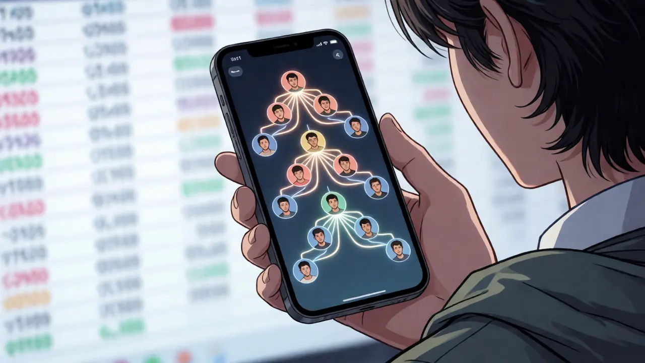 Mano sosteniendo teléfono con diagrama de referidos y fondo de mercado vacío