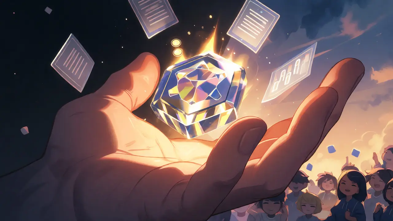 Mano sosteniendo token cristalino dorado con proyecciones de comunidad