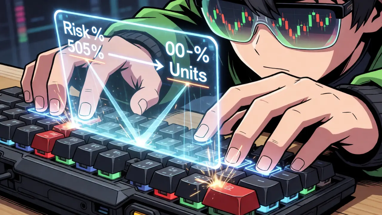 Manos tecleando con proyecciones holográficas de cálculo de posiciones en anime.
