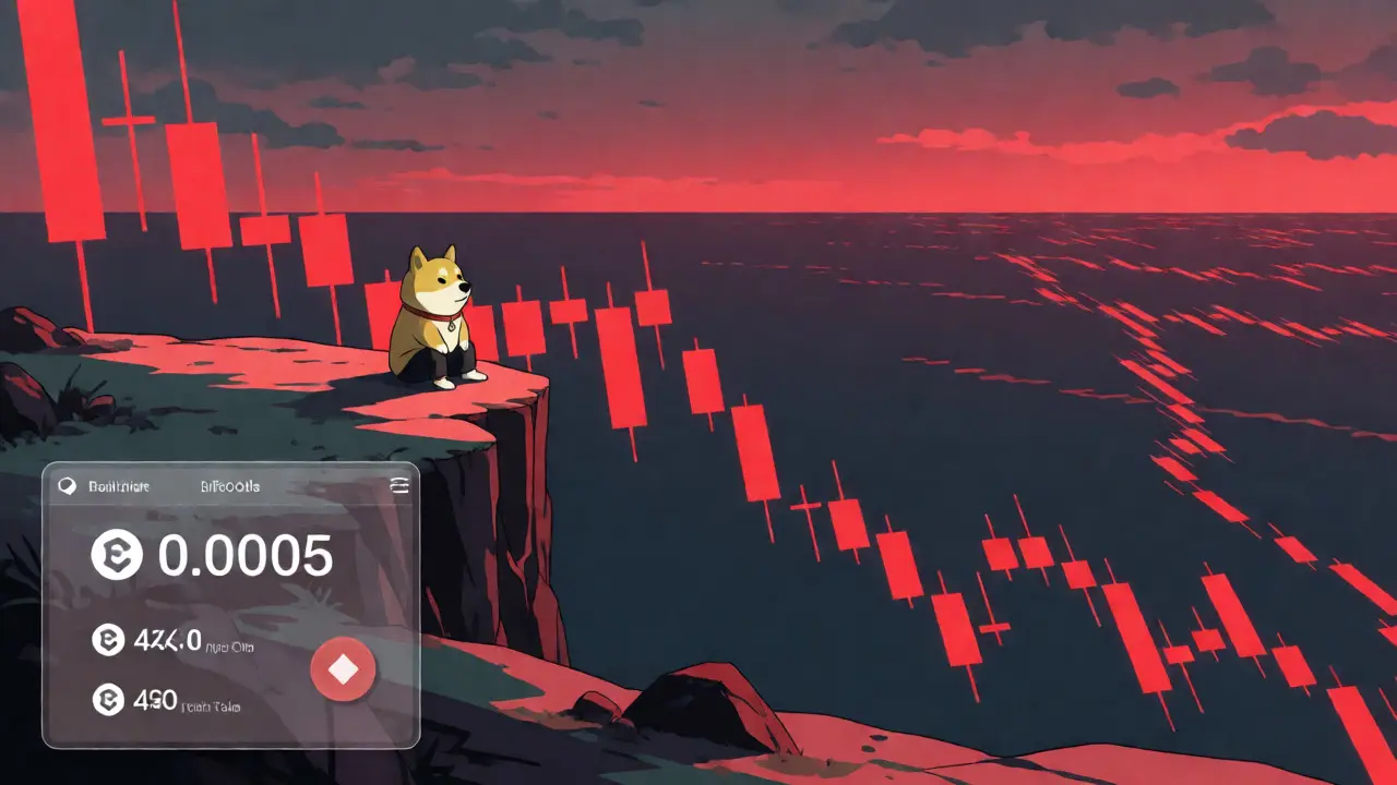 Mascota corgi-doge triste mirando un océano de gráficos bursátiles en rojo