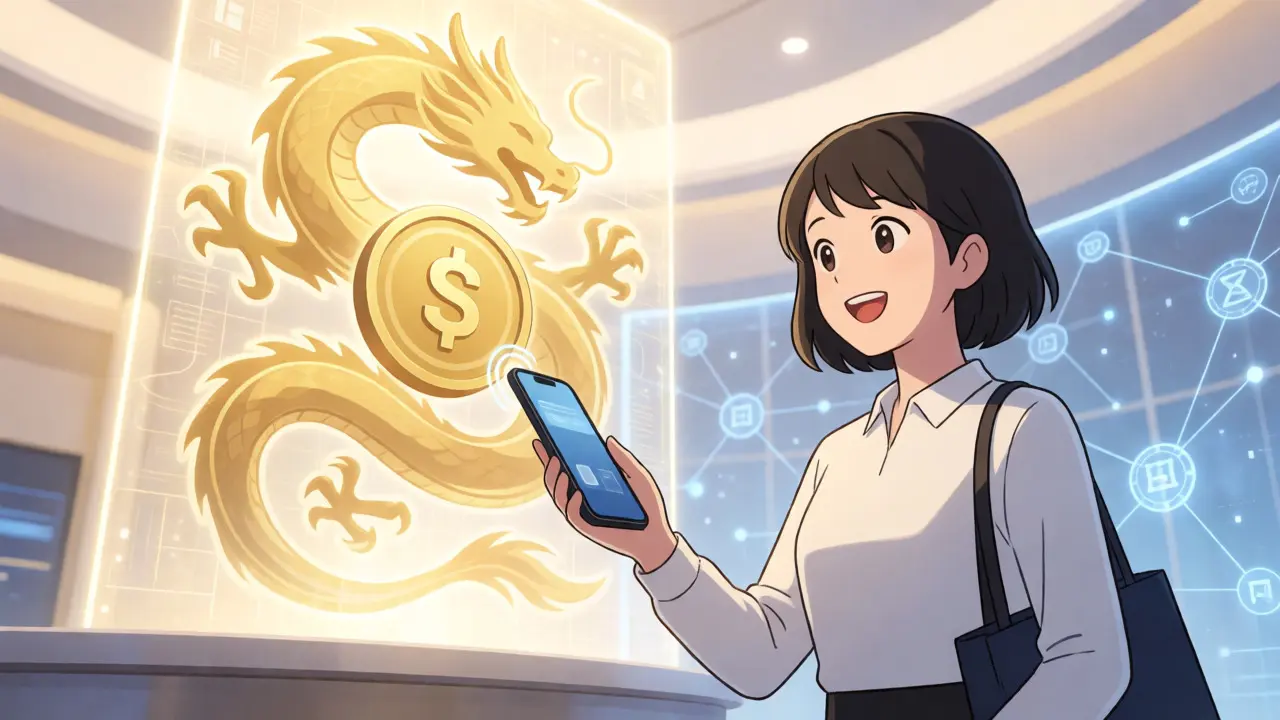 Mujer realizando un pago con el Yuan Digital en un banco futurista con proyecciones holográficas de dragones dorados.