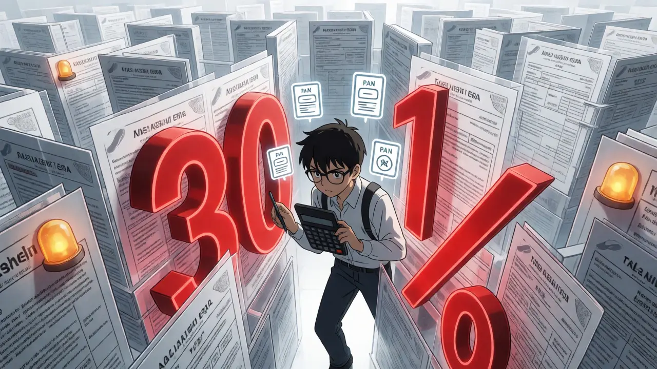 Personaje anime navegando laberinto de impuestos cripto