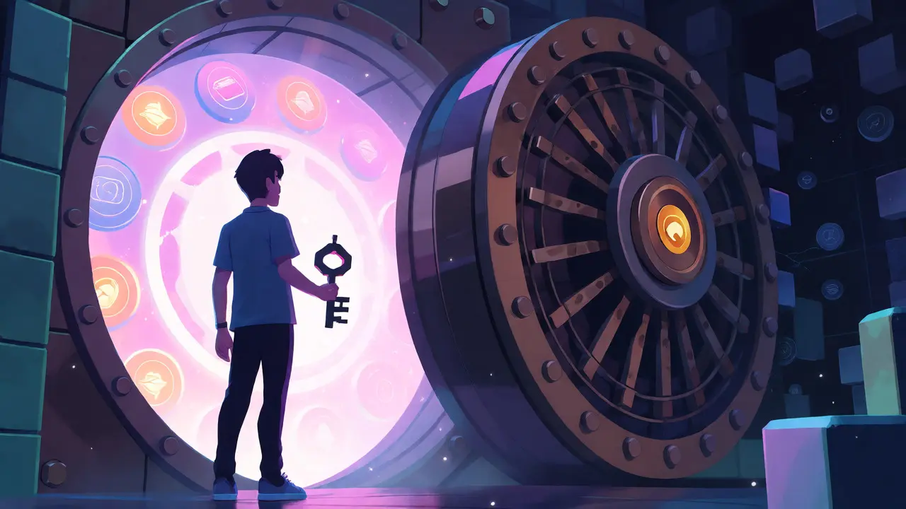 Personaje de anime abriendo una bóveda de blockchain con una llave CORA.