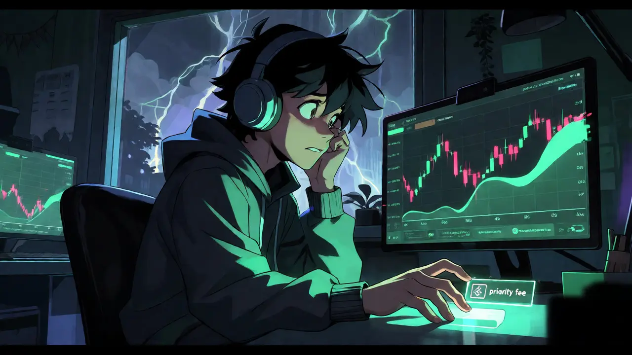 Personaje de anime gestionando transacciones fallidas y comisiones prioritarias en una habitación nocturna futurista.