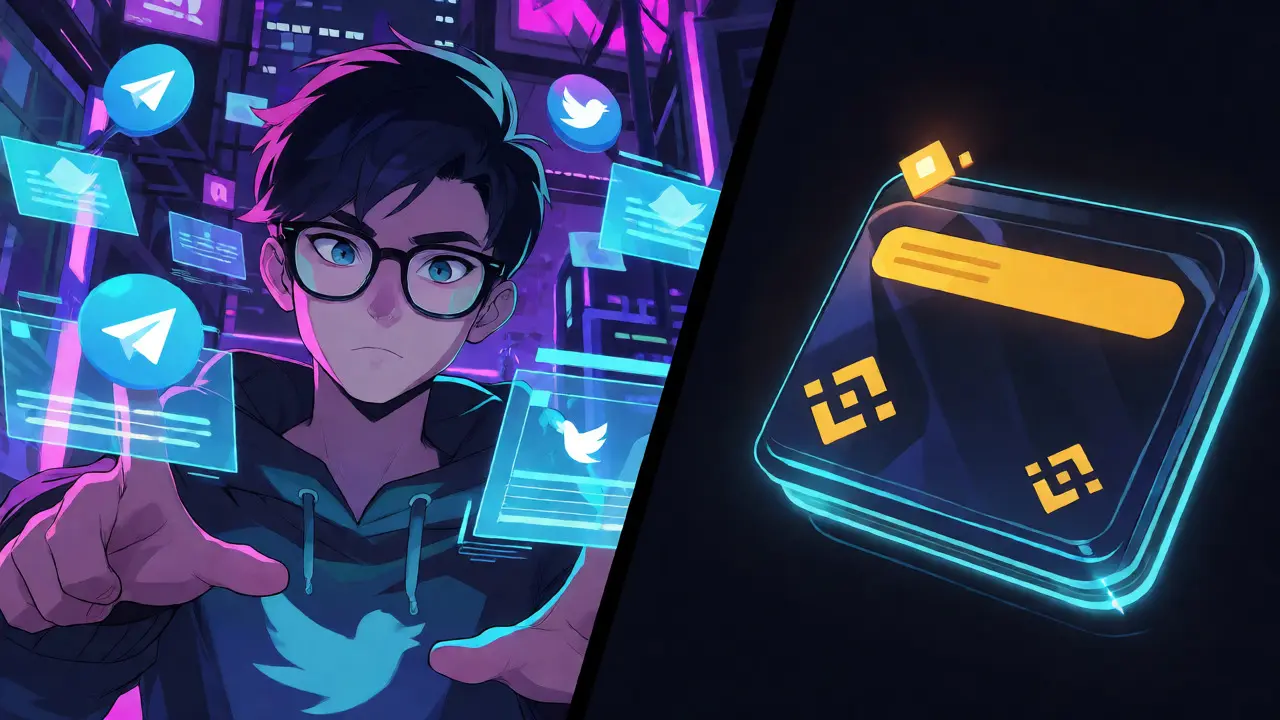 Personaje de anime interactúa con interfaces holográficas de redes sociales y billeteras cripto en ciudad futurista.