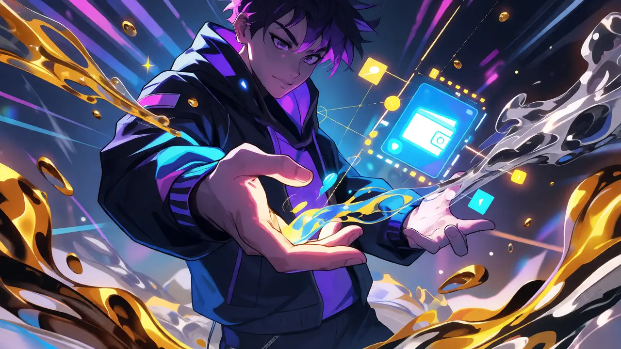 Personaje interactuando con flujos de datos y liquidez en estilo anime