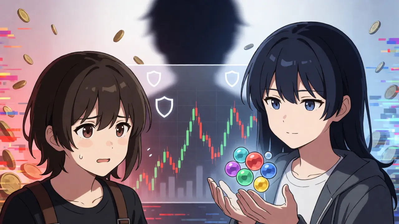 Personajes anime ilustrando la gestión del riesgo y la pérdida impermanente con expresiones faciales detalladas.