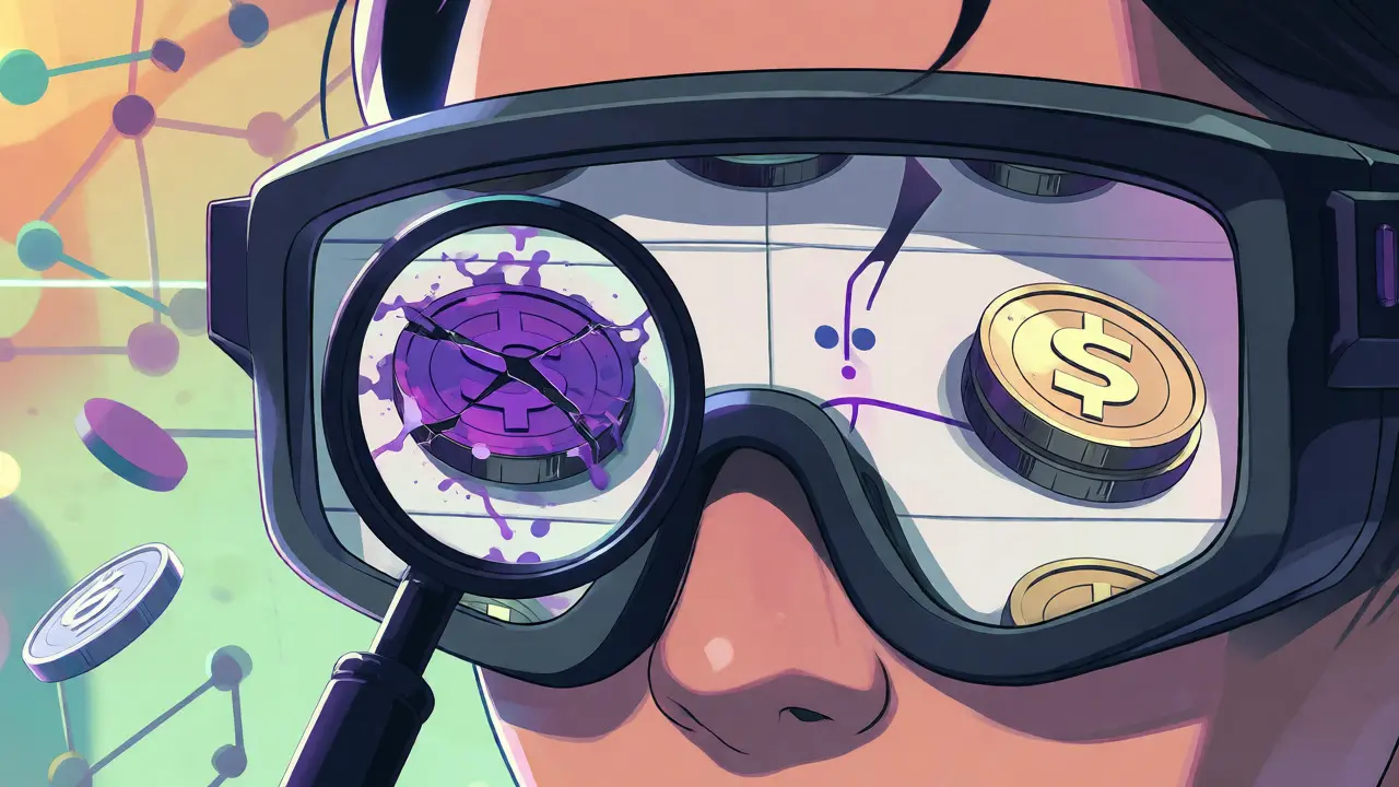 Primer plano anime de gafas AR analizando monedas digitales contaminadas por sanciones mediante trazabilidad.