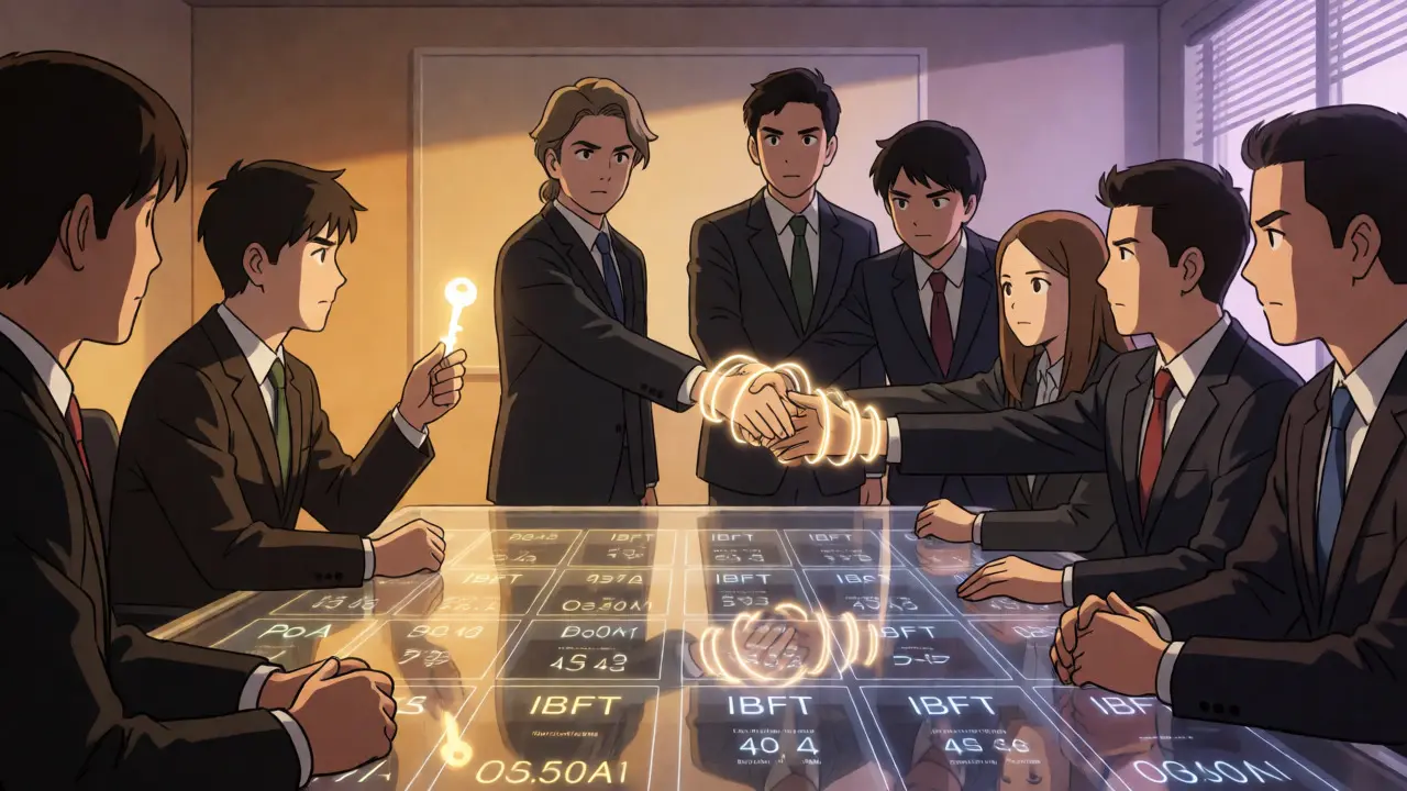 Reunión de junta directiva comparando mecanismos PoA e IBFT en estilo anime