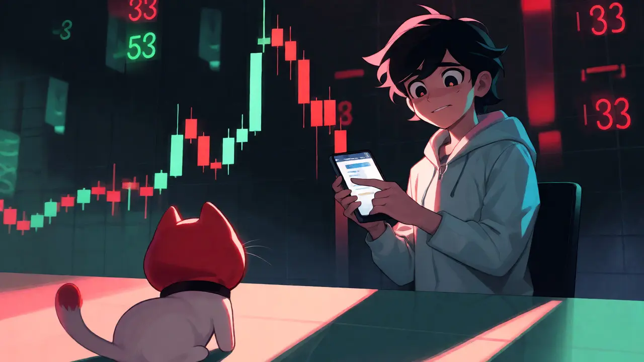 Trader anime observando un gráfico volátil junto a un gato con guantes en estilo cel-shaded