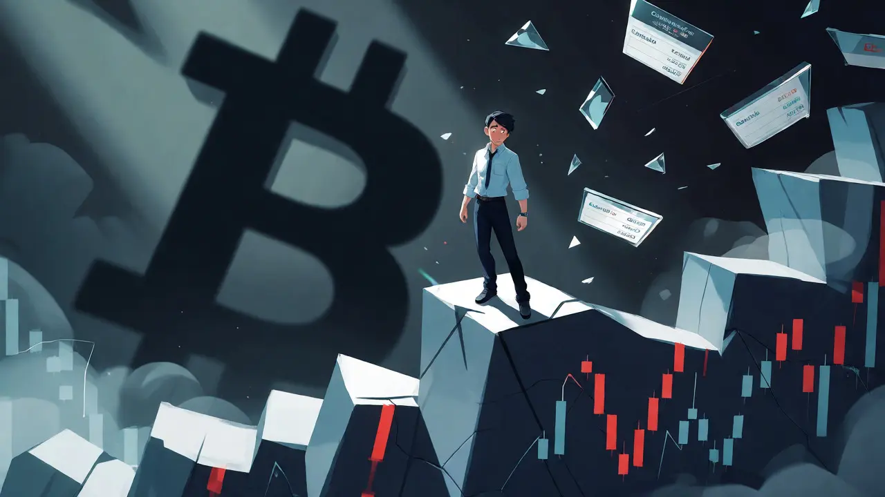 Trader ansioso en un acantilado de gráficos volátiles estilo anime