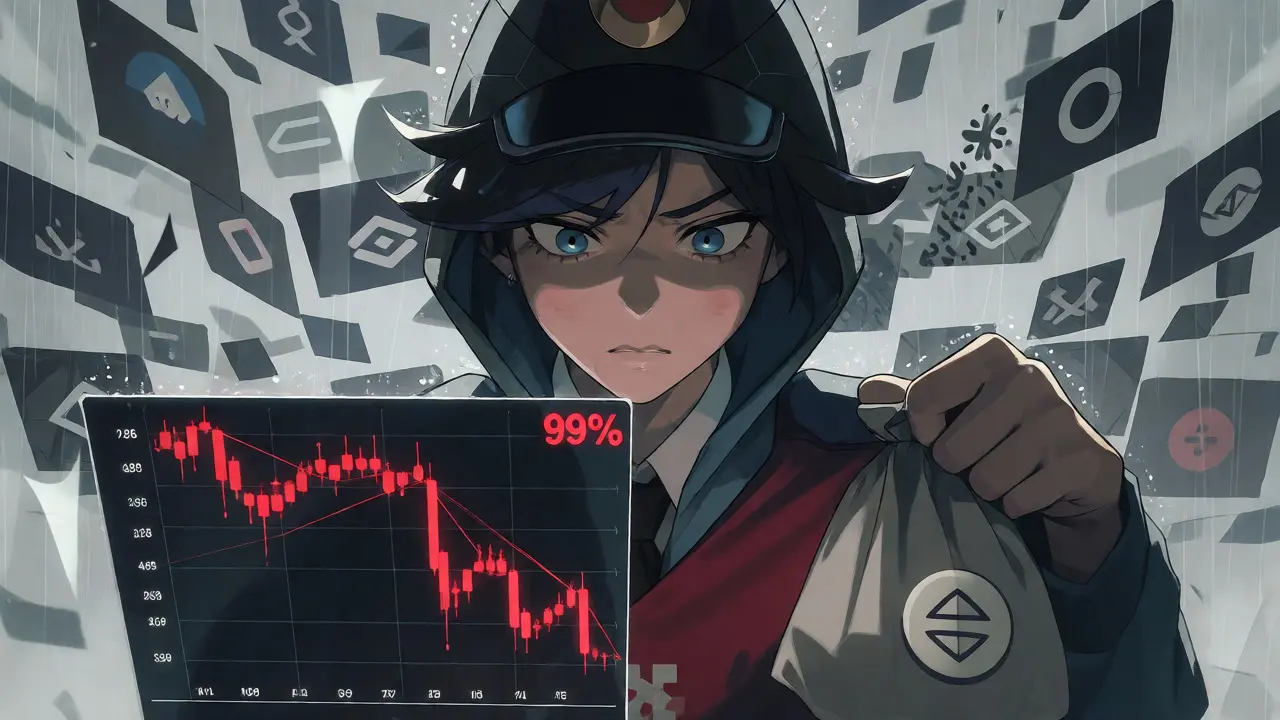 Trader de anime estresado observando una gráfica de precios en caída libre